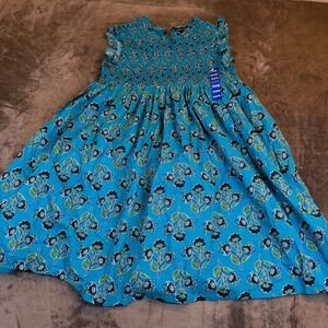 French Connection Smocked Floral Dress Girls Large 14/16 Blue Cotton Ruffle